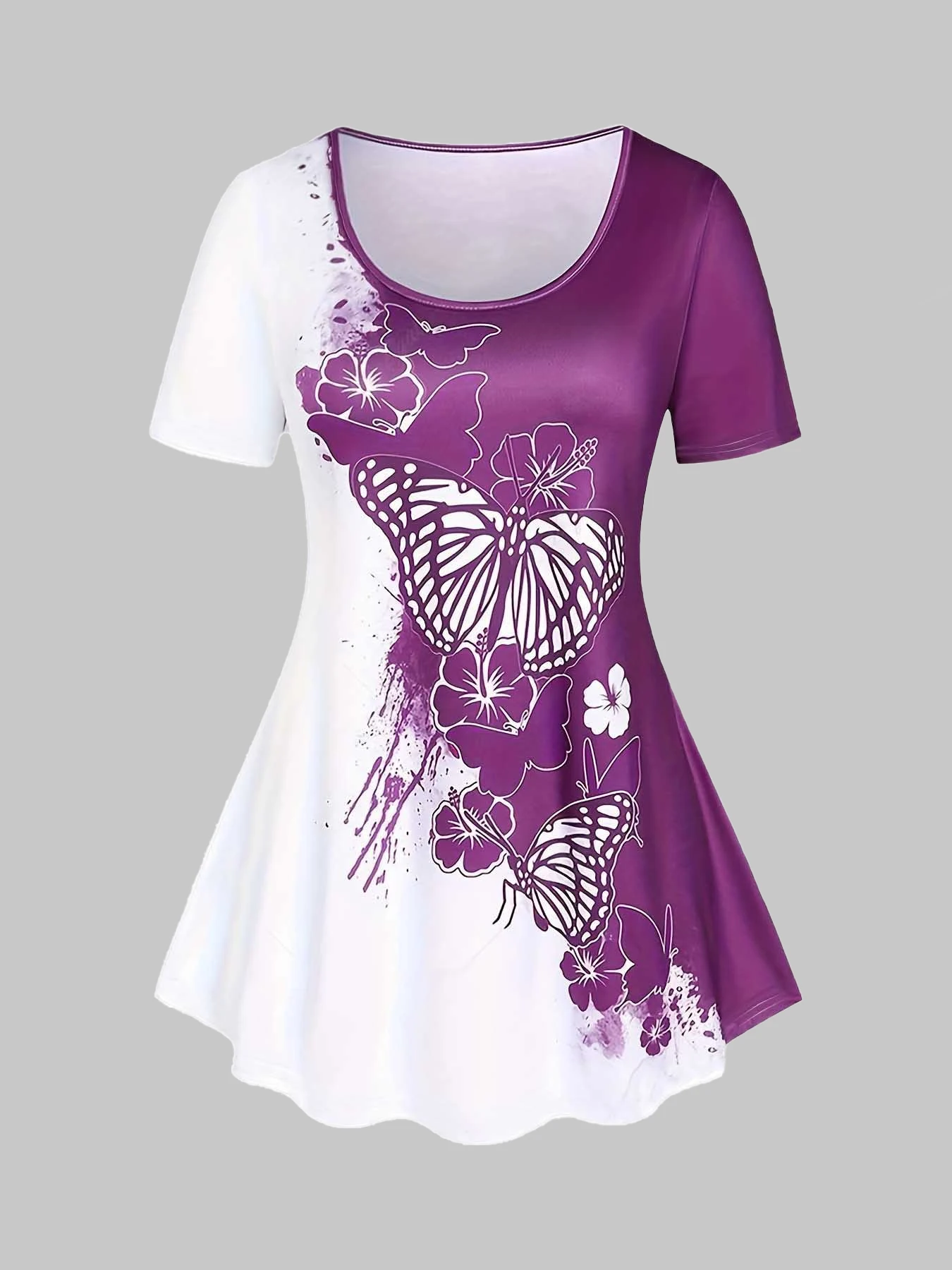 Женский костюм больших размеров с круглым вырезом, летняя футболка с принтом бабочки и круглым вырезом, футболка с короткими рукавами, брюки с принтом, комплект из двух предметов