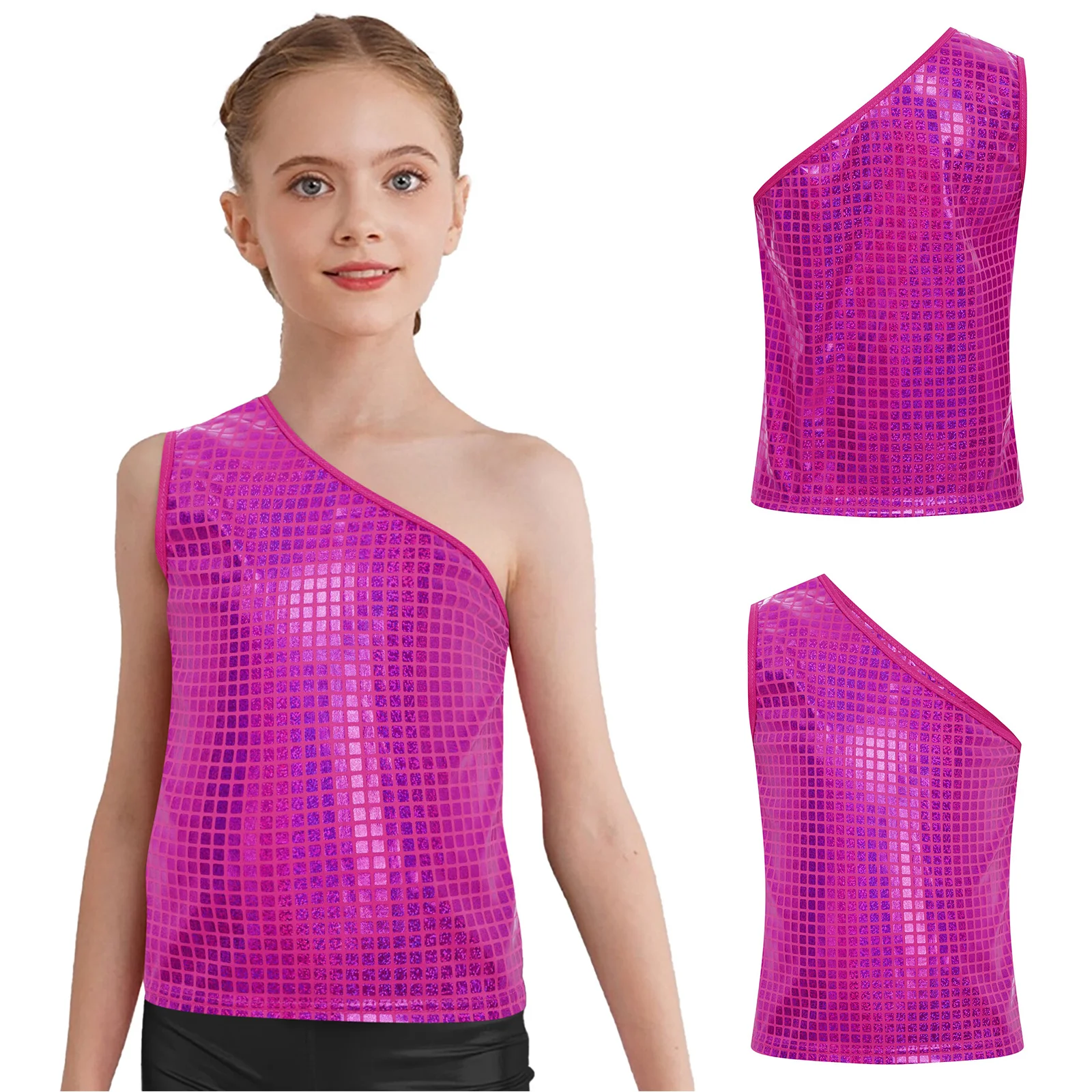 

Kids Girls Cheerleading Jazz Dance Top Metallic Vest Asymmetrical One Shoulder Sleeveless Tank Top for Stage Performance Costume