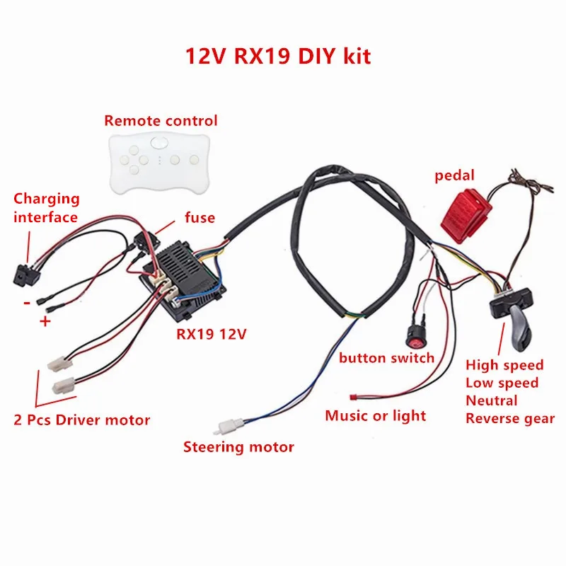 Kinder Elektroauto DIY modifizierte Kabel und Schalter Kit, 12V 4WD Controller mit 2,4g Bluetooth-Fernbedienung für Baby Elektroauto