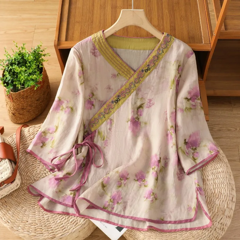 

Chinese Style Women's Blouses Embroidery Vintage Shirts Fashion Loose Summer Clothing Short Sleeved Cotton Linen Women Tops