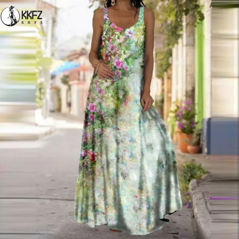 

Women's Fashionable Butterfly Printed Sleeveless Dress Summer Casual Printed Long Dress