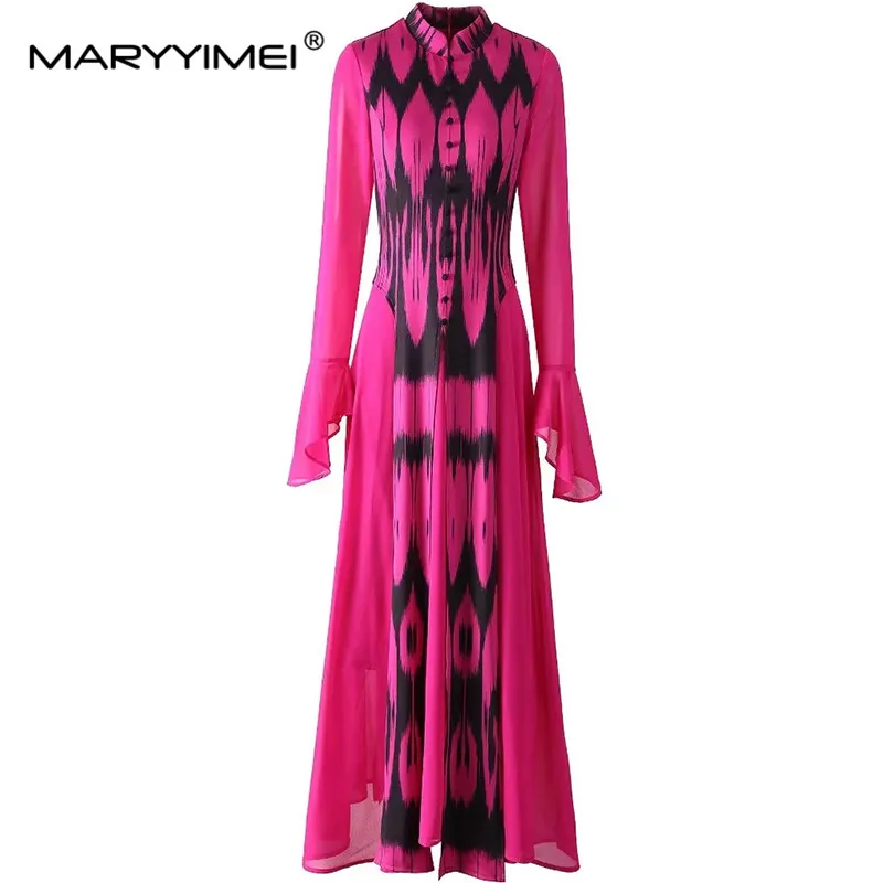 MARYYIMEI Elegant Women\'s Dress Stand collar Flare-Sleeve High waist Design Button Fashionable Autumn and winter Dresses