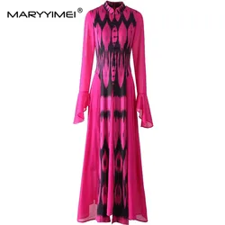 MARYYIMEI Elegant Women's Dress Stand collar Flare-Sleeve High waist Design Button Fashionable Autumn and winter Dresses