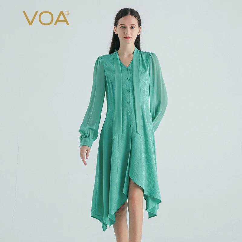 

VOA 100% Real Mulberry Silk Jacquard Spring Green V-neck Shirt Long Sleeve Single Breasted Office Ladies Shirt Midi Dress AE1808