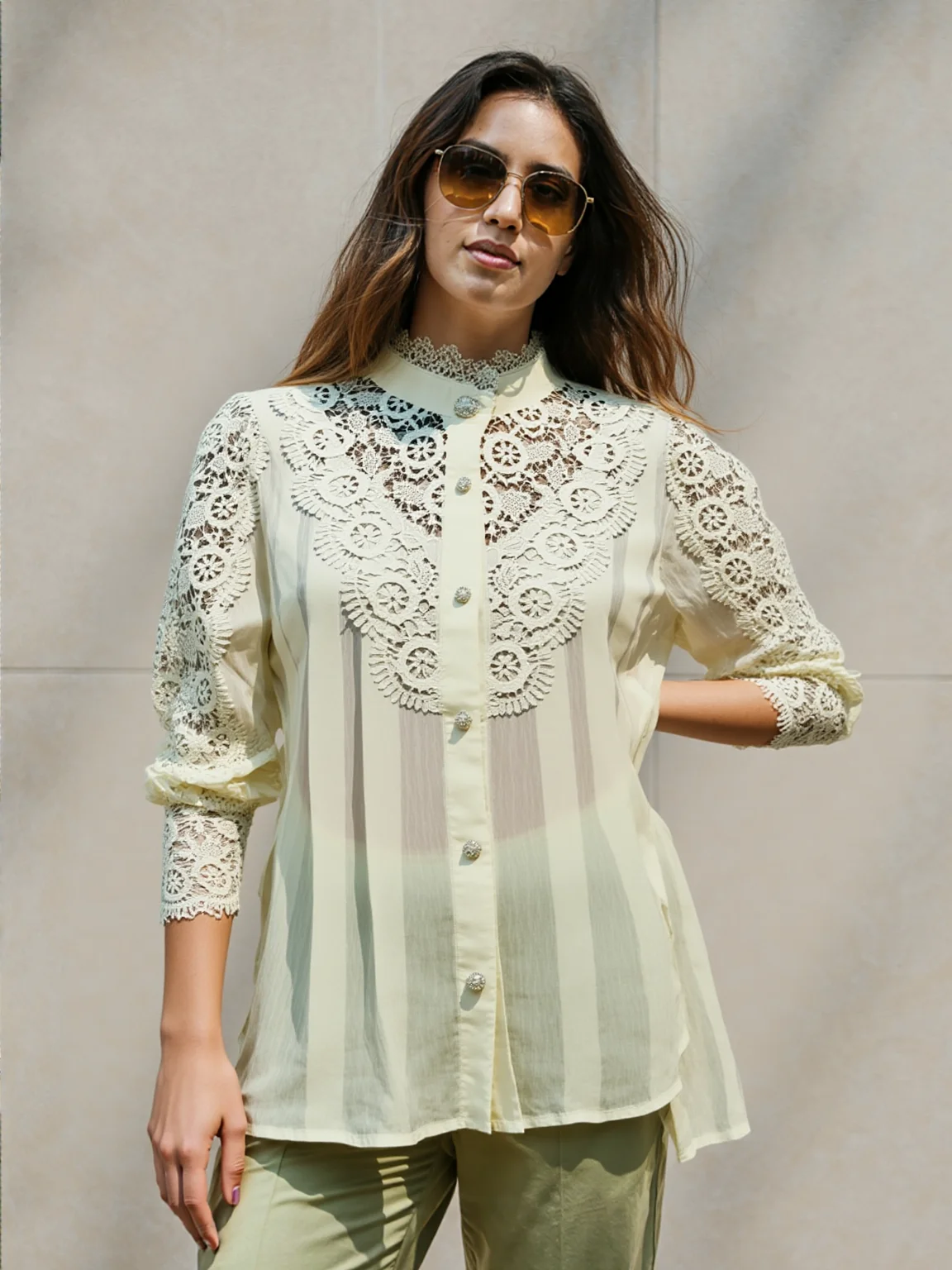 

Elegant Solid Color Lace Shirt Long Sleeved Stand Up Collar Plus Size Casual Shirt Fashion Hollow Out Women's Tops 12419