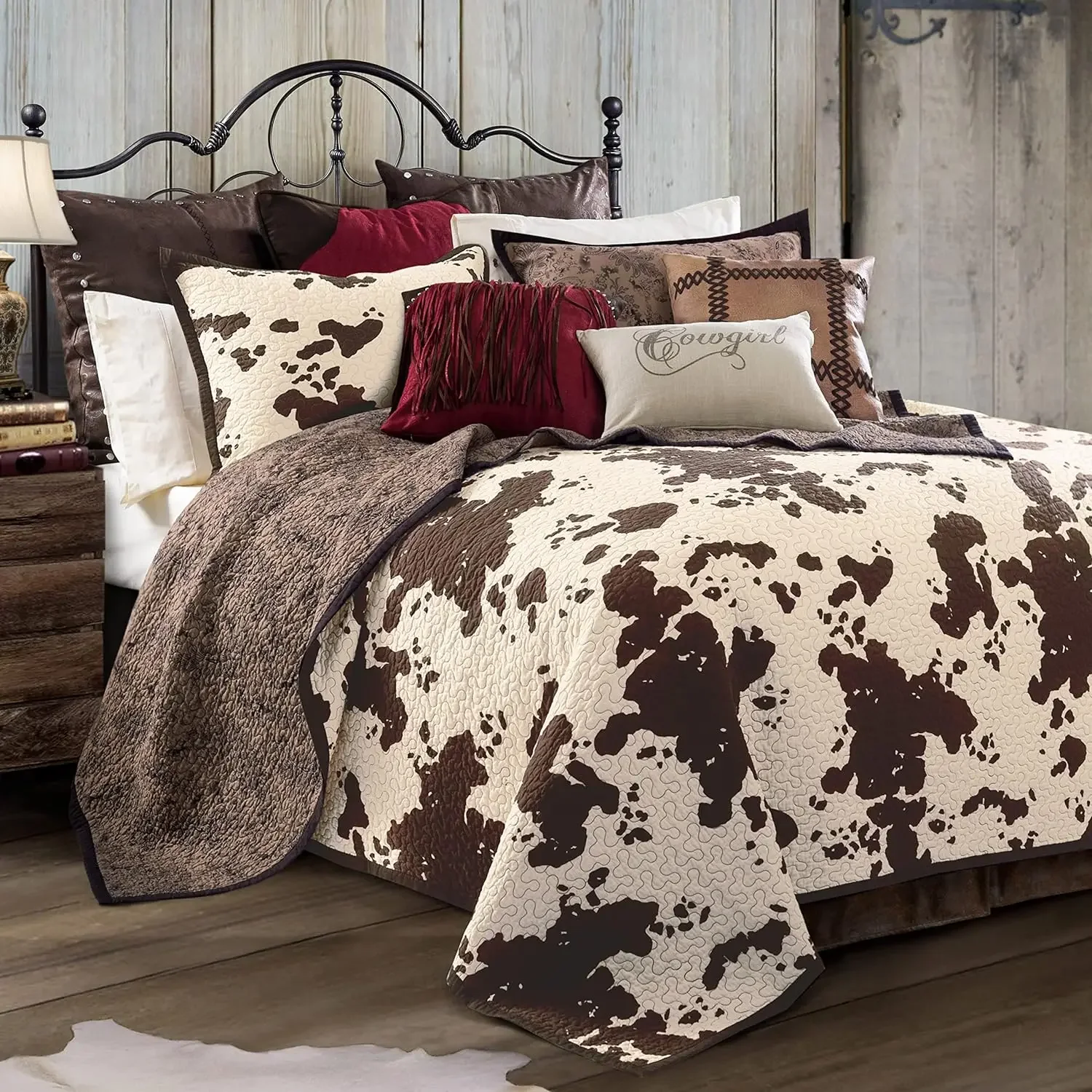 Furniture supplies Paseo Road by HiEnd Accents Elsa Cow Print Bedding 3 Piece King Size Quilt Set, Brown Cowhide Pattern, Cotton