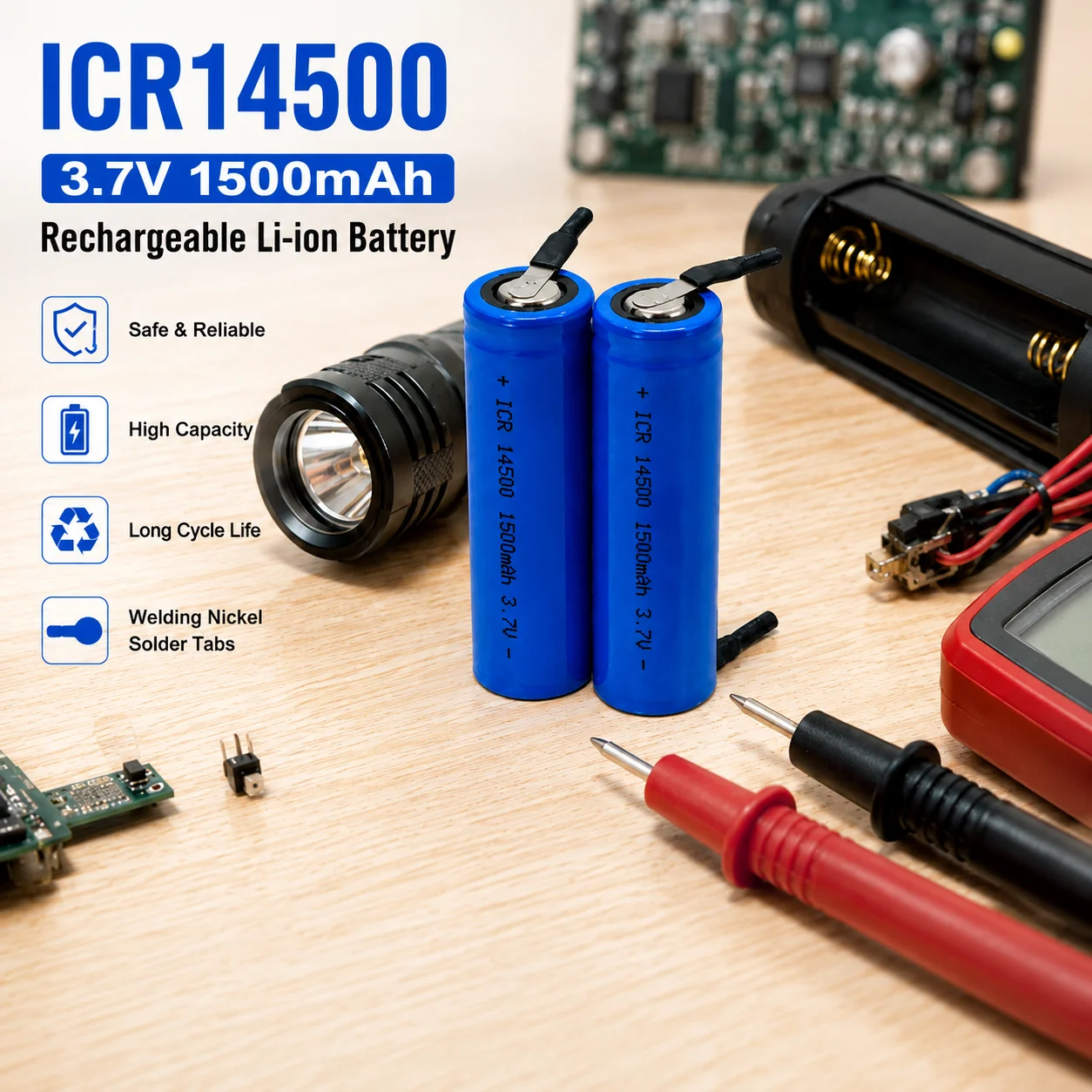 Akumulator litowo-jonowy ICR14500 3.7V 1500mAh z wyprowadzeniami do lutowania, ogniwo 14500 do elektroniki DIY i latarek. — zdjęcie produktu 4