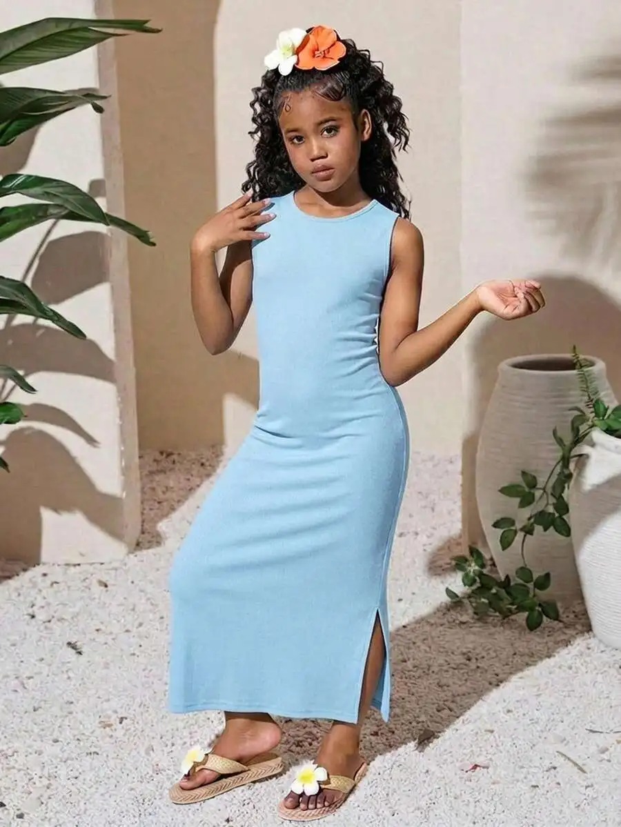 

Light Blue Sleeveless Ribbed Midi Dress With Side Slit Casual Summer Dress