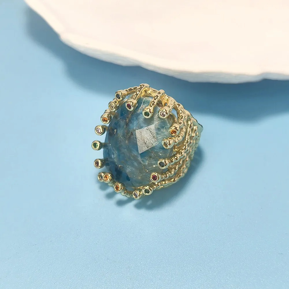 1Pcs Goden Plated Natural Stone Ring,Weaving Design Cubic Zirconia Fashion Jewelry Suitable For Valentine\'s Day Gifts RG057