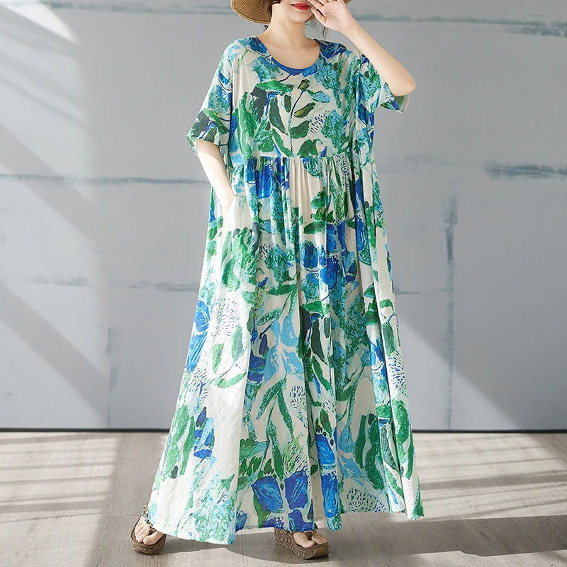 Plus Size Bohemian Print Maxi Long Dress for Women Floral Casual Cotton Linen Loose Vintage Vestidos Para Mujer Robe Dresses