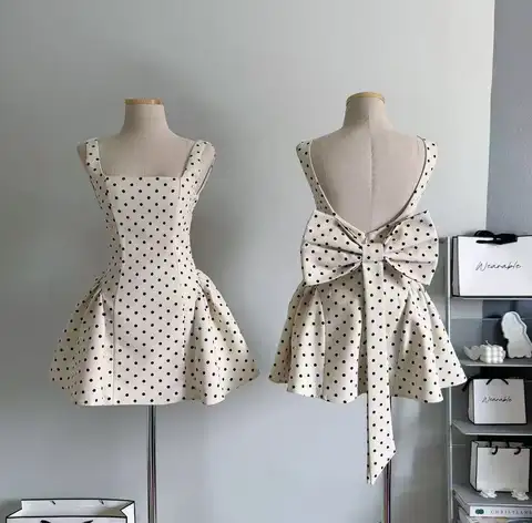 French Retro Classic Polka Dot Backless Bow Vest Skirt Korean Spicy Girl Cinched Waist Slimming Sleeveless A-line Short Skirt