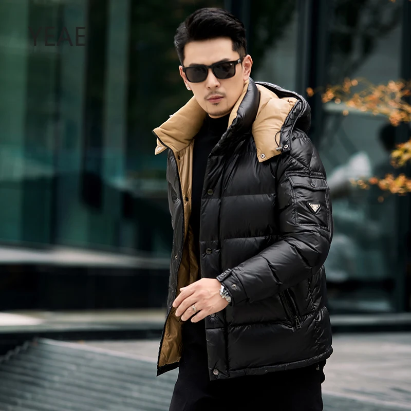 YEAE Shiny Hooded Short Down Jacket Duck Down Padding Designer Clothes Men Lightweight Padded Jackets 2024 Winter Man Coats