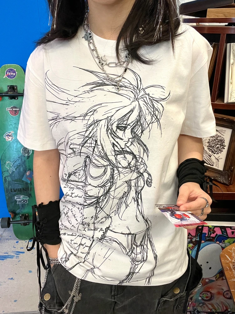 Heavyweight 260G Long Hair Anime Sketch American Retro Short Sleeve T-Shirt Cotton Spandex Blend Spring Fashion Ladies' Top