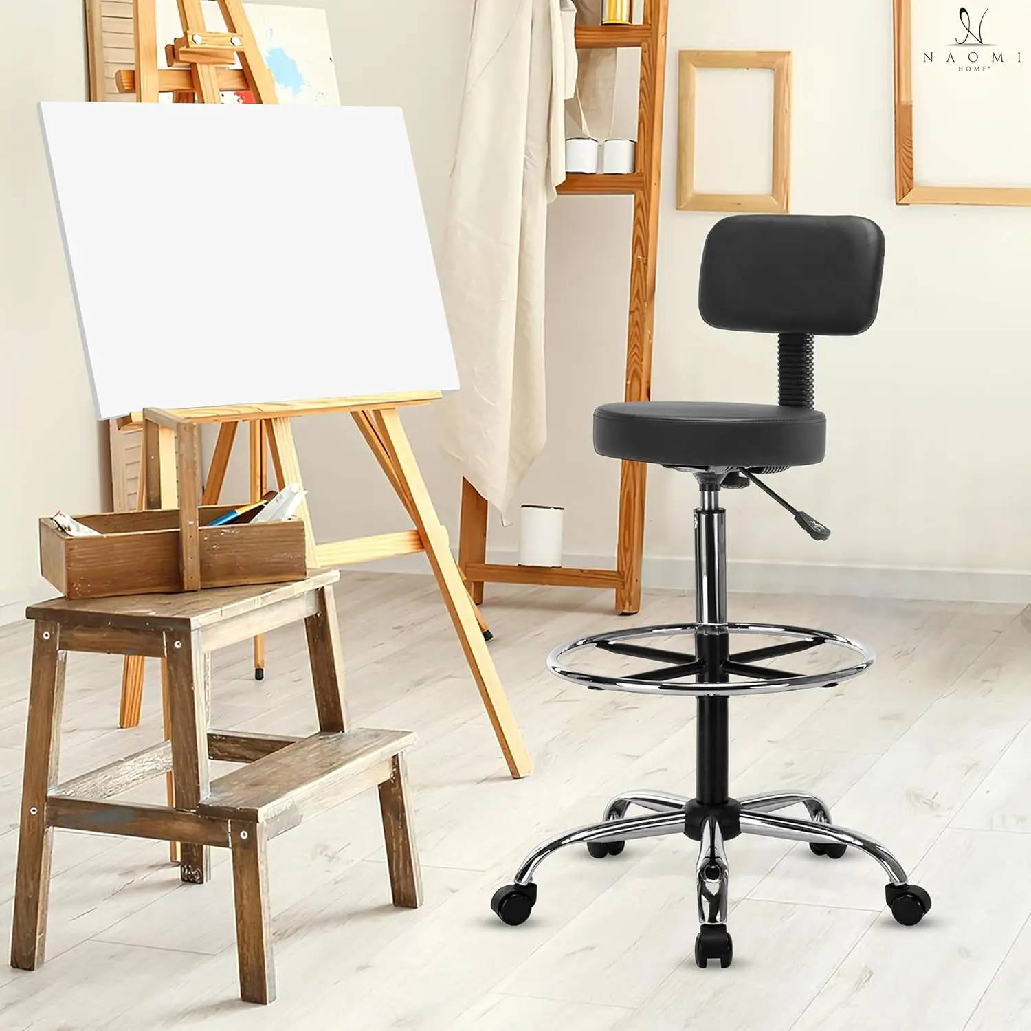 Upgrade Your Workspace With Venus Adjustable Drafting Stool - Premium Leather, Rolling Wheels, Adjustable Height, Backrest,