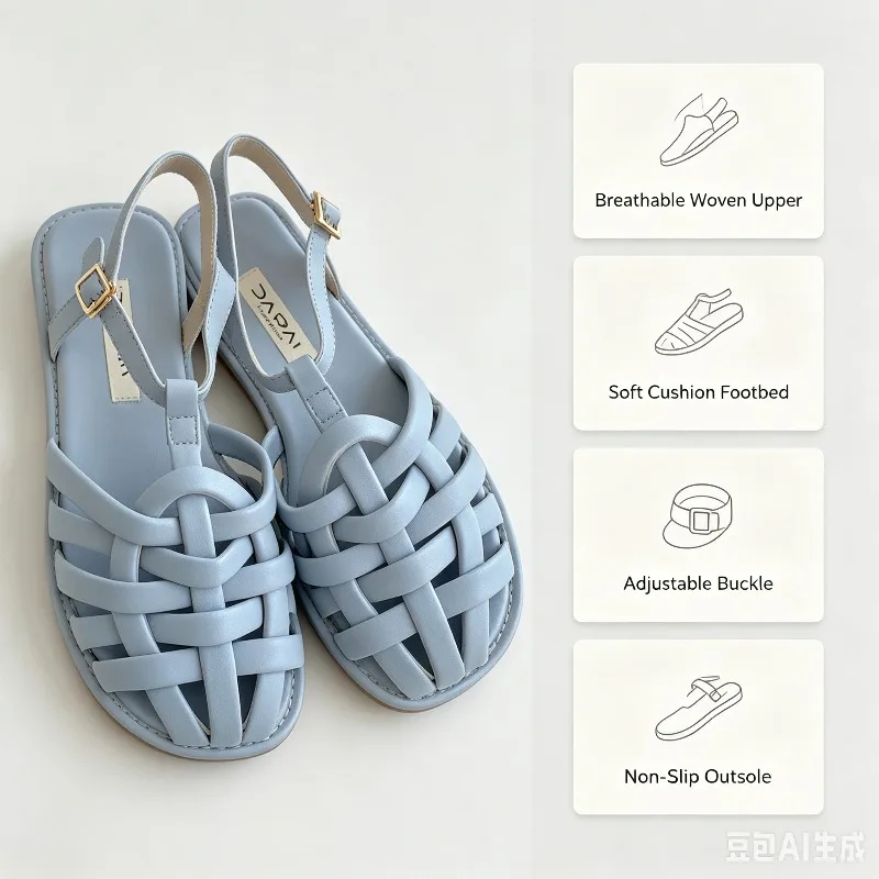 Women Closed Toe Woven Flat Sandals Adjustable Gold Buckle Back Strap Breathable Summer Casual Beach Office Walking Shoes