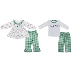 Wholesale Children Embroidery Christmas Tree Snowman Sets Long Sleeves Shirt Green Plaid Pants Boy Girl Kids Toddler Outfit