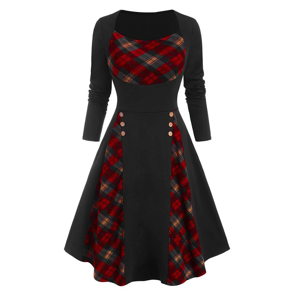 Women Elegant Vintage Christmas Dress Plaid Print Button Slim Waist Dress 2024 Winter Party Swing Warm Long Sleeve Vestidos Gown