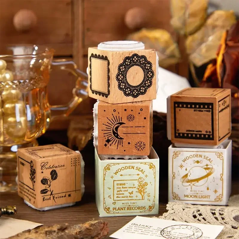 1 Pc Long Moon and Stars Series Vintage 3-in-1 Lace Butterfly Wooden Stamp Creative DIY Journal Collage Decor Stationery Stamps