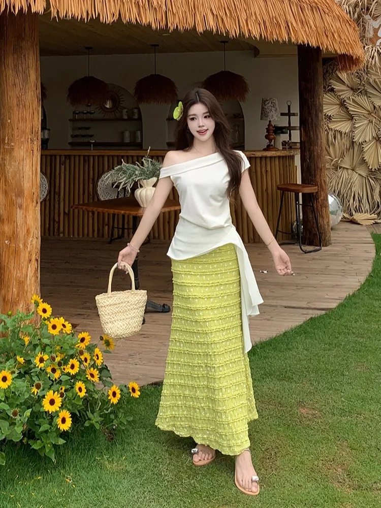 

plus Size Women's Sweet Style Slant Shoulder Short Sleeve T-Shirt High Waist Elastic Fish Tail Skirt Summer Fashion Set