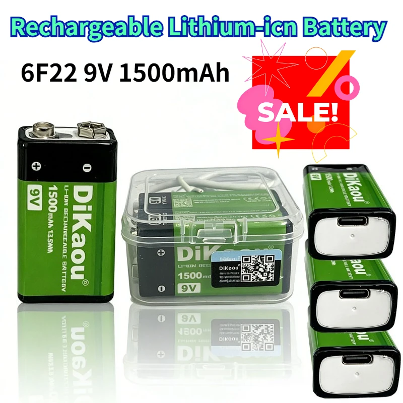 

100% Original 9V 6F22 1500mAh 13.5Wh Rechargeable Li-ion Battery with Type C Data Cable for Electric Guitar Multimeter