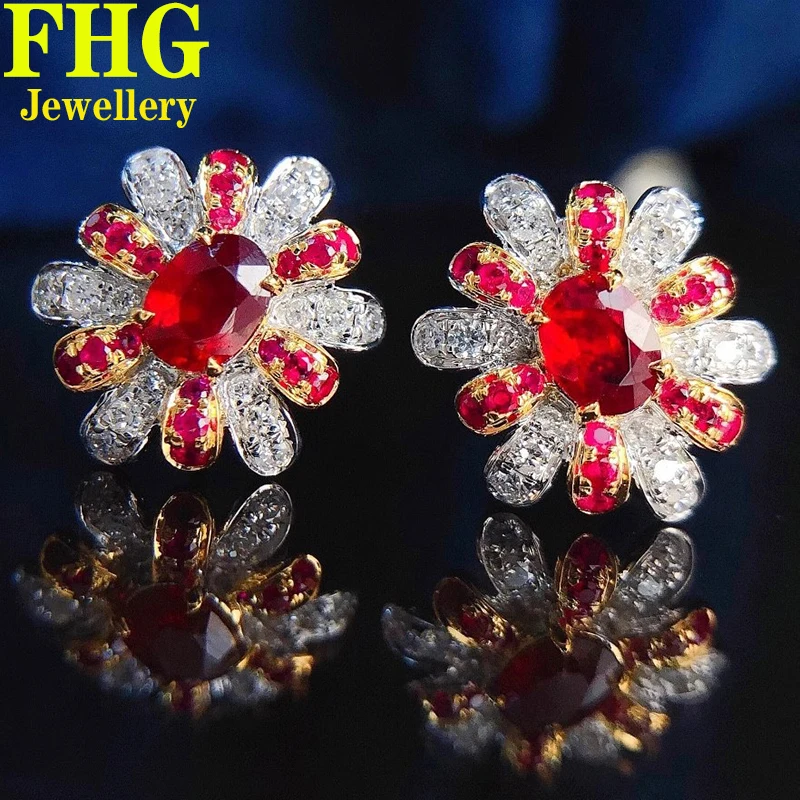 

Real Diamond 18K Au750 Yellow Gold Eearrings Real Diamond 0.18Carat natrual Ruby 0.59CT Wedding Party Engagement Fashion