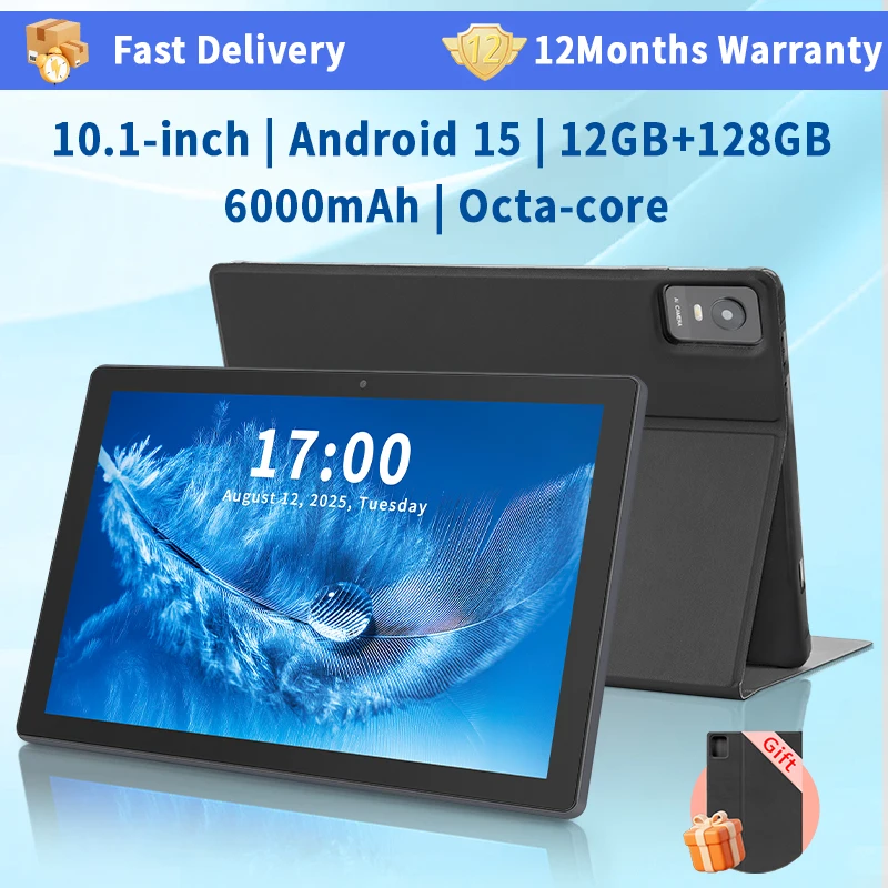 Tablet Android 15 con tastiera, tablet da 10,1 pollici con 12 GB di RAM+128 GB di ROM (1 TB di espansione), WiFi 2.4G/5G da 6000 mAh, doppia fotocamera da 5 MP+13 MP