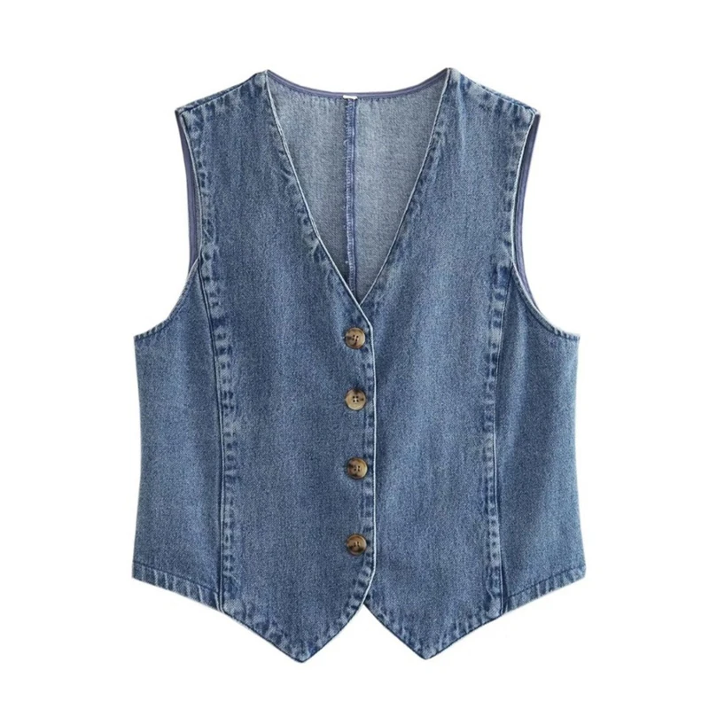 

BWQ Denim Waistcoat y2k Women Solid Color V Neck Single Breasted Sleeveless Vest Jeans Crop Top Jacket Summer Streetwear