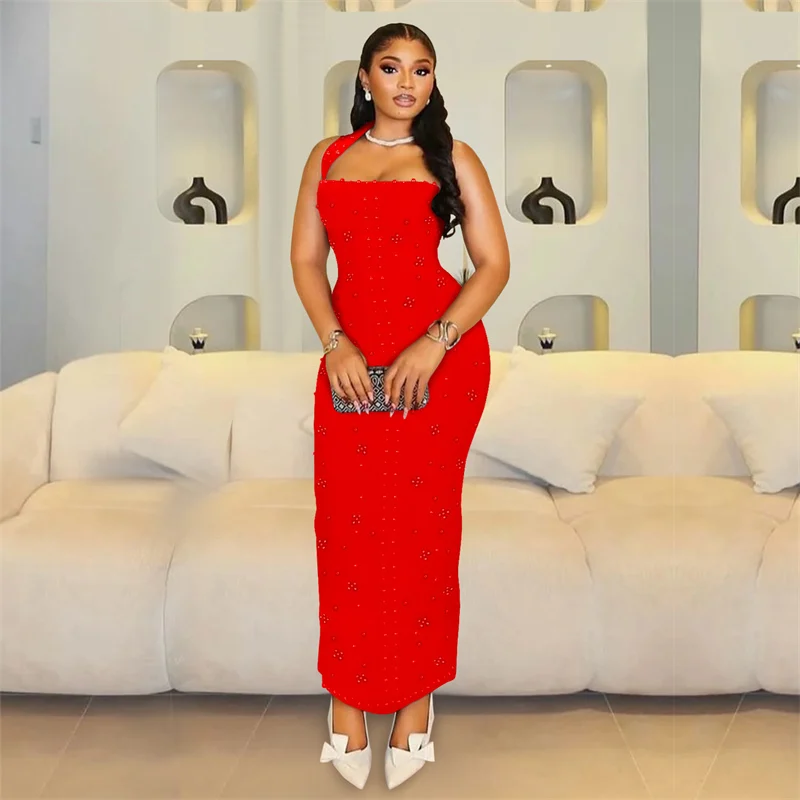 เซ็กซี่เพิร์ลเพชรBodycon Maxiชุดผู้หญิงElegant Evening Night Party Club Halter Backless SheathแยกชุดยาวVestidos