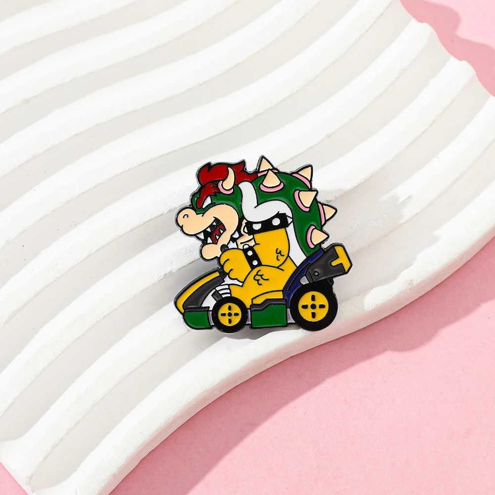Cartoon Dinosaur Bowser Racing Kart Enamel Brooch Classic Game Character Metal Lapel Pin nique Collectible Gift for Fans view 3