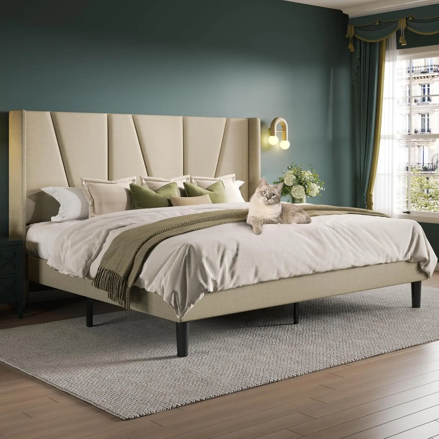 Allewie Queensize platformbedframe met geometrisch achterhoofdeinde, modern gestoffeerd bed met houten lattenbodem, nr