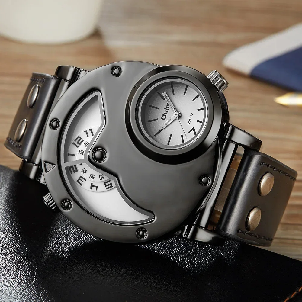 Oulm Brand Fashion Mens Watch Dual Time Zone Quartz Movement Men's Watch Unique Design Male Quart Wristwatch Reloj Hombre
