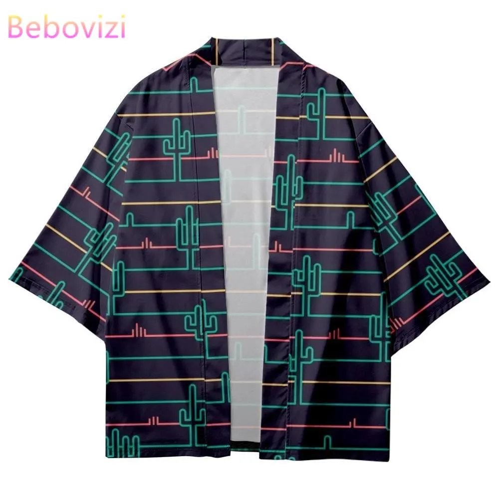 

Striped Cactus Print Cardigan Beach Yukata Harajuku Japanese Kimono Streetwear Men Women Haori Robe Clothes Plus Size 5XL 6XL