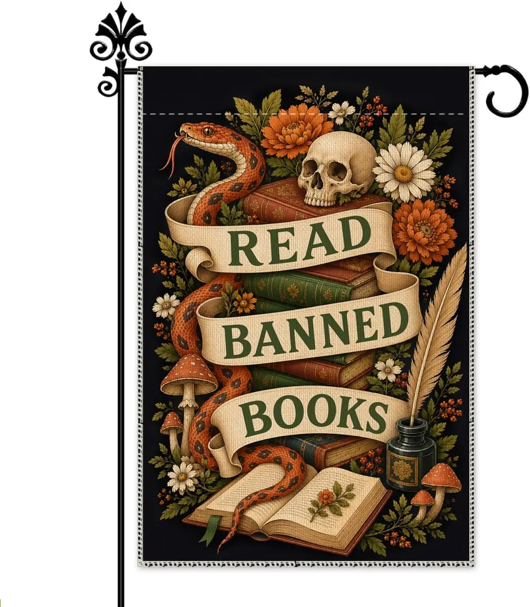 Read Banned Books Garden Flag, 12x18 Inch Double Sided Gothic Book Floral Yard Flag, Freedom To Read Outdoor Decor