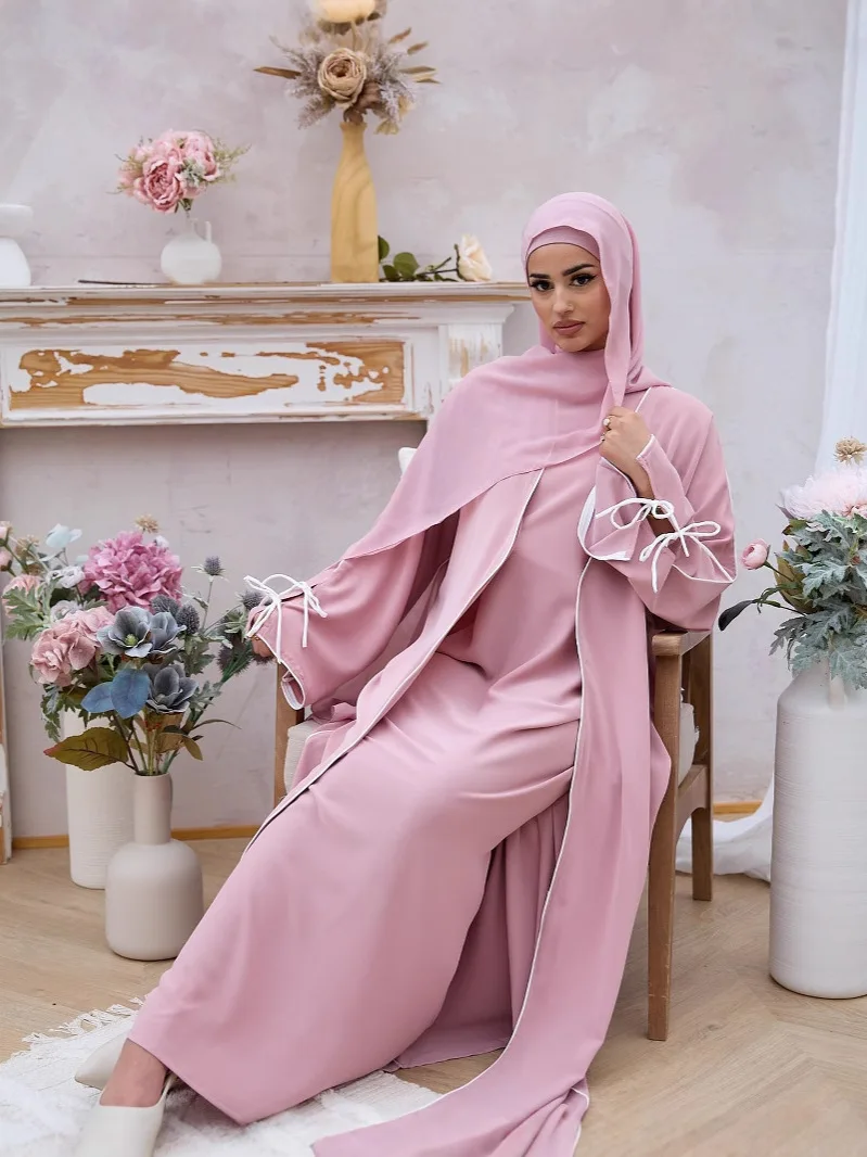 

Мусульманские комплекты из 2 предметов для женщин, кимоно, кардиган с внутренним платьем, Дубай, открытый кафтан Абая Kebaya, марокаин, женский халат, ислам Джалабия