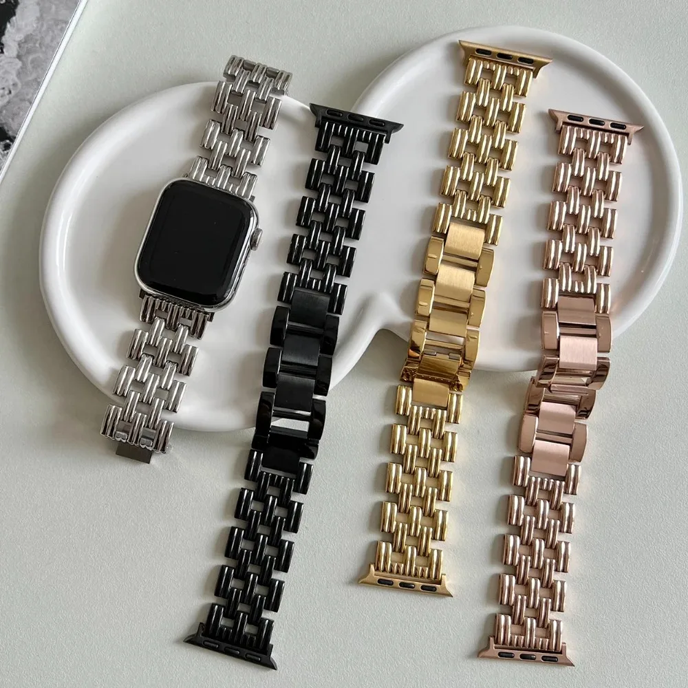 Suitable for Apple Watch five bead striped breathable woven i Watchs9 SE metal watch strap