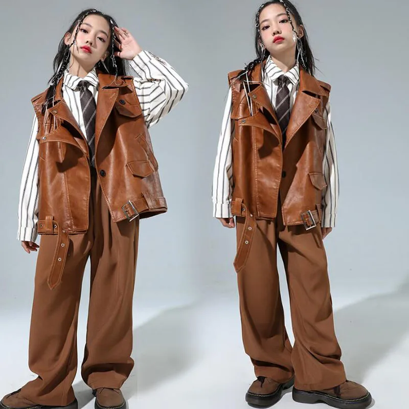 エラズーズ単色ヒップホップウェアセット、ベスト、ストライプ、シャツ、スーツ、パンツ、ストリートウェア、子供、ストリート、ダンスウェア、キッズ、ジャズコスチューム