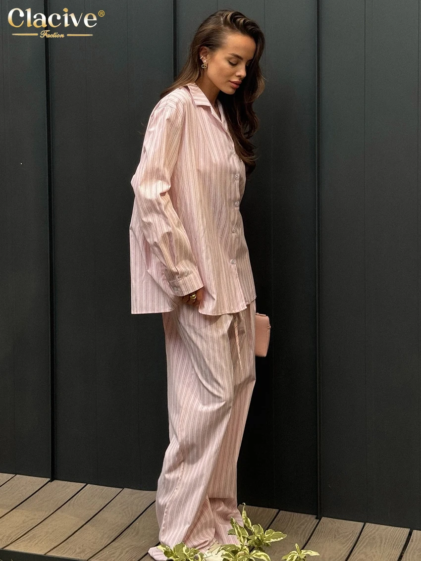 Clacive Fashion Loose Pink Stripe 2 Piece Set Women Elegant Long Sleeve Shirt With High Waist Wide Pants Set Female Streetwear