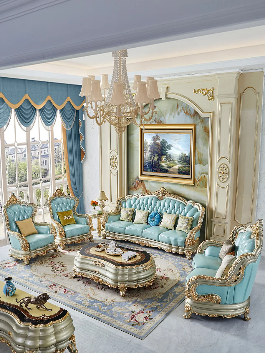 European Genuine Leather Sofa 1 Champagne Gold Foil Solid Wood Double sided Carved Head Layer Cowhide Sofa