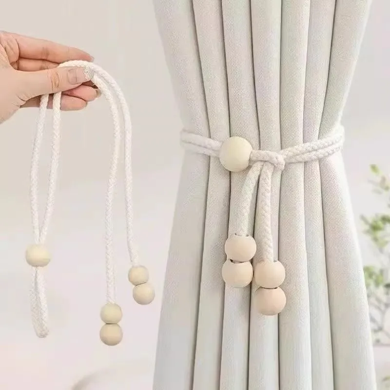 2pcs Japanese Wabi-Sabi Style Braided Rope Tie Straps, Soft Cotton Thread Weaving, Matte Wood Beads Decorative Binding Bands