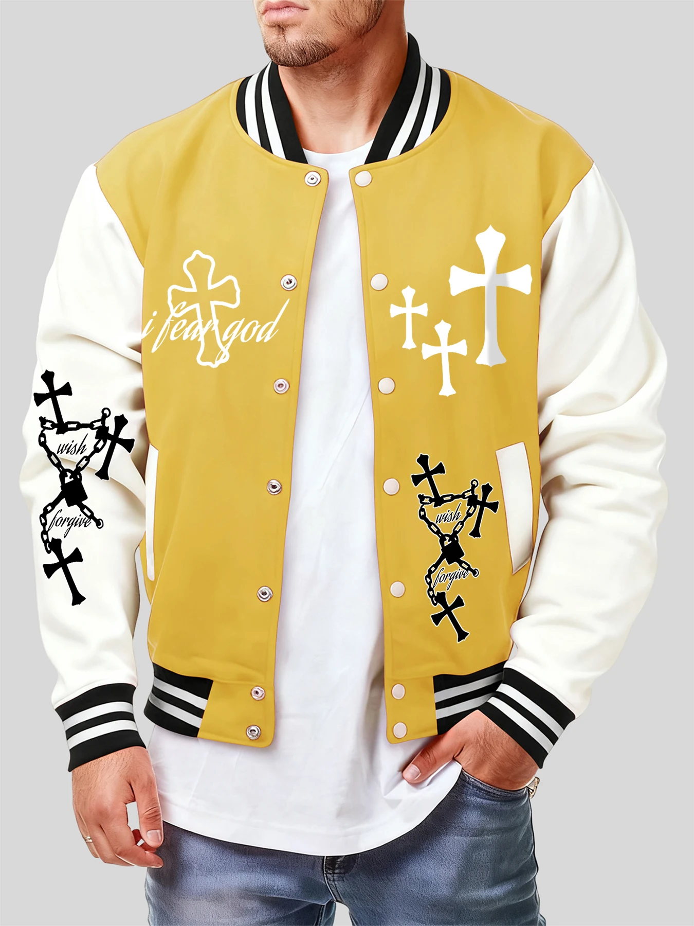 

Cross I Fear God Wish Forgive Print Men Baseball Jersey Fashion Hip Hop Clothes Casual Fleece Autumn Streetwear Pocket Menwears