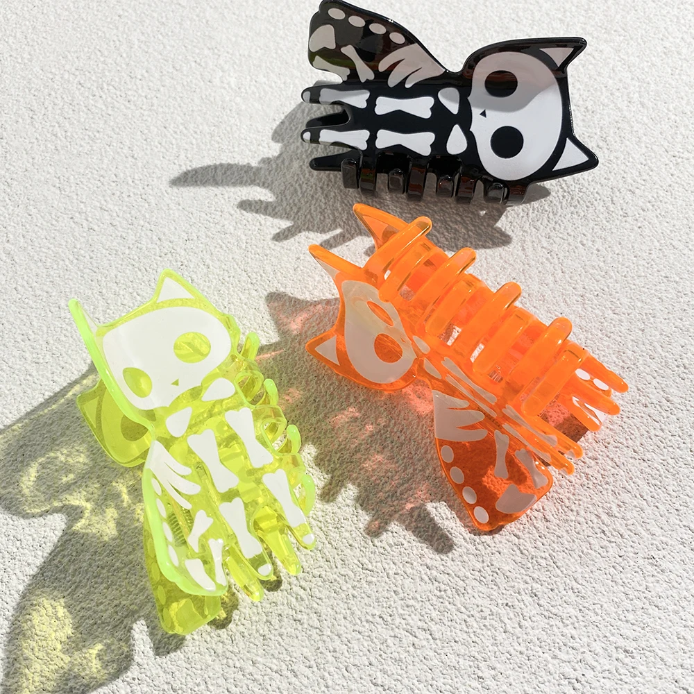 Funny Halloween Holiday Gifts Acrylic Fluorescence Color Skeleton Hair Clip Claw For Women Girls New Cat Shape Hair Accessories