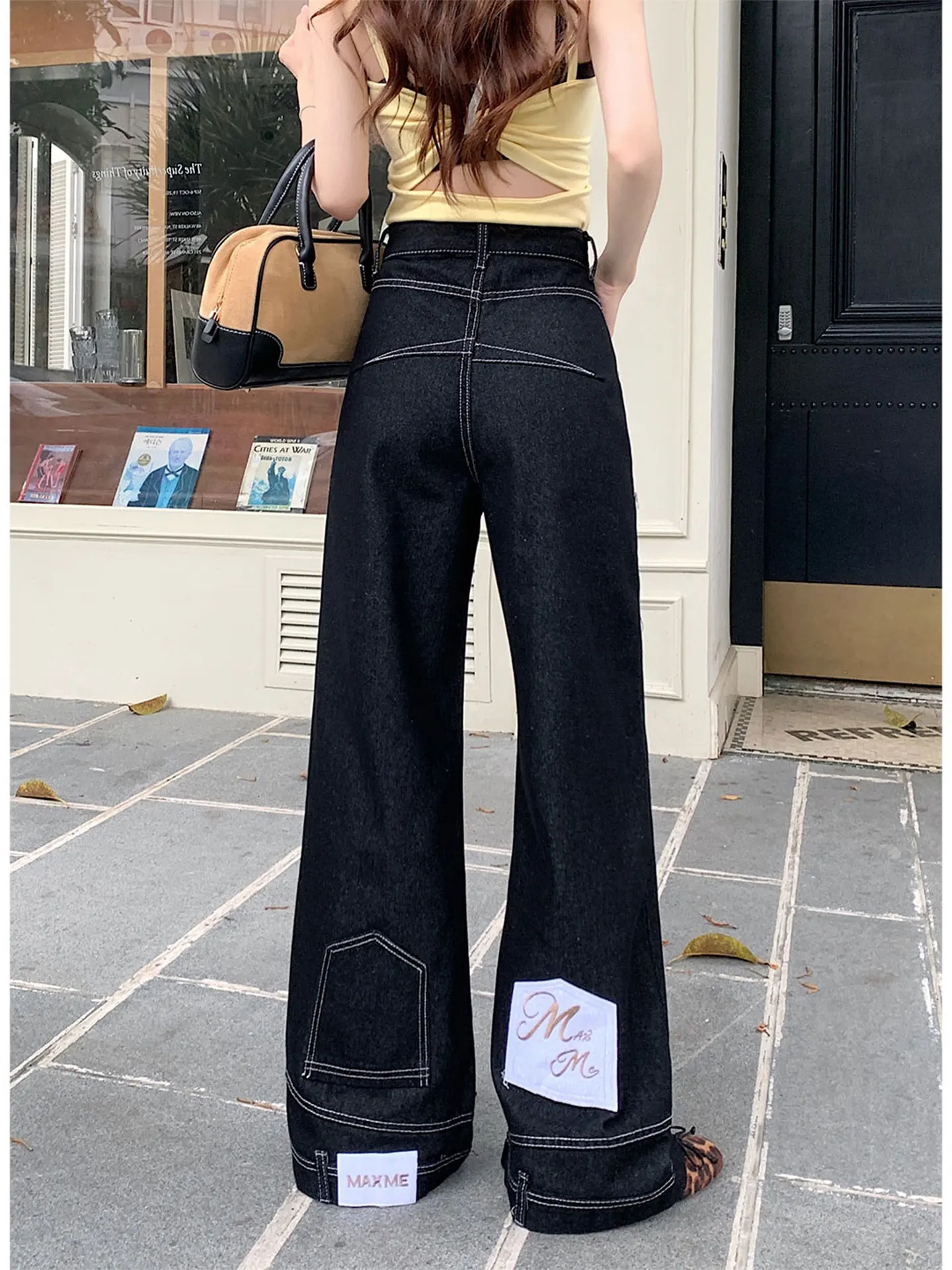 

High Waist Bell Bottom Jeans Women's Summer Small Size Distressed Letter Print Denim Patchwork Cuffed Long Trousers