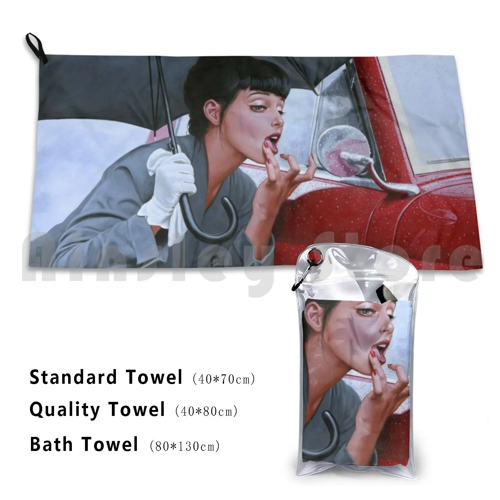 Lipstick By Greg Hildebrandt Bath Towel Beach Cushion Pinup Sexy Lipstick Red Grey Umbrella Rain Greg