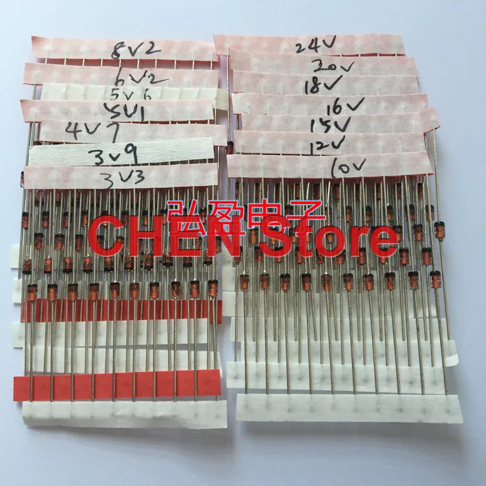 140pcs 1W Zener diode kit 3.3V-24V 14values*10pcs DO-41 3V9  4V7  5V1  6V2 6V8  8V2 10V 12V 15V  16V  18V 20V component diy pack