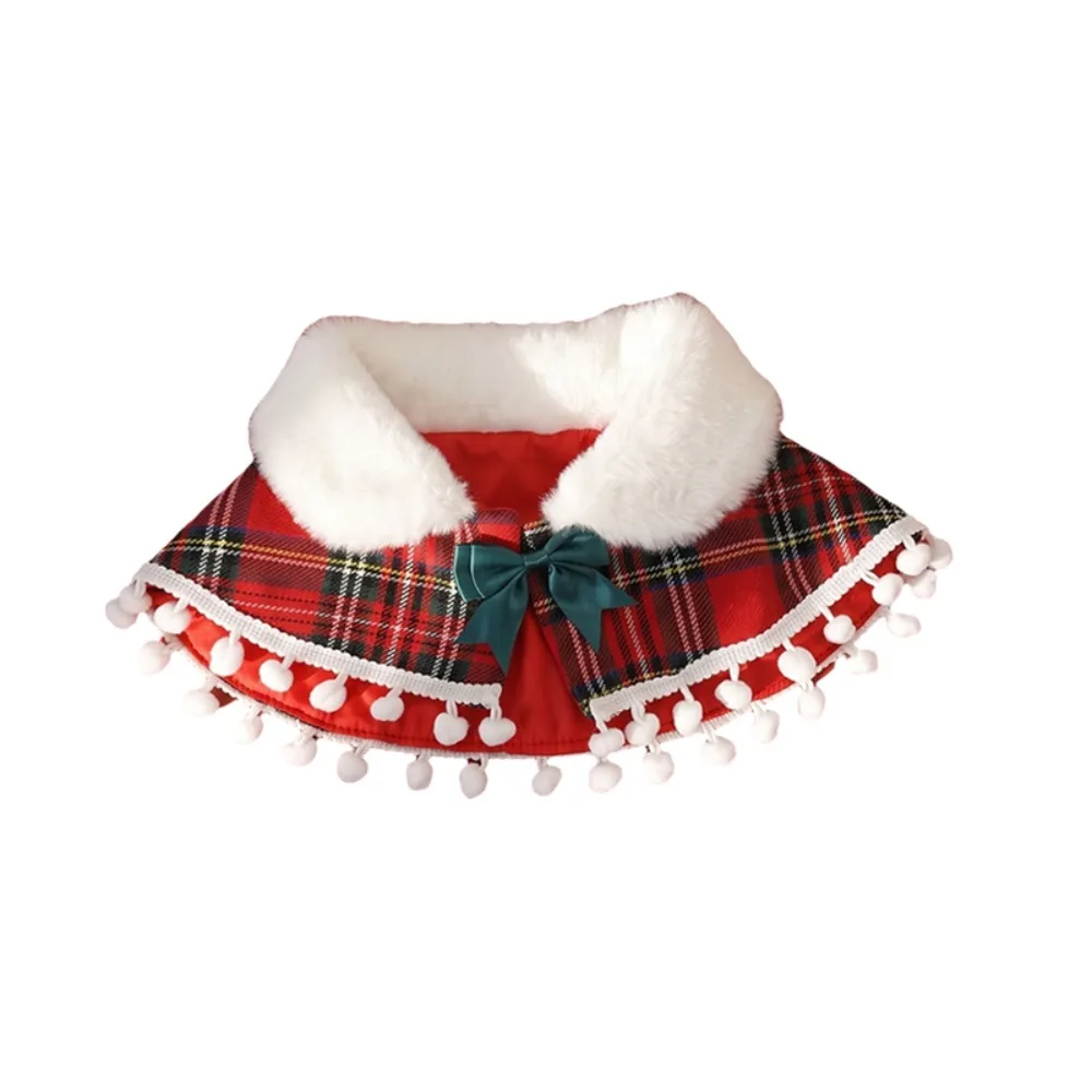 Plaid Pattern Christmas Pet Cape British-style with Bowknot Xmas Cat Shawl Fleece Lined Warm New Year's Cat Cloak Party
