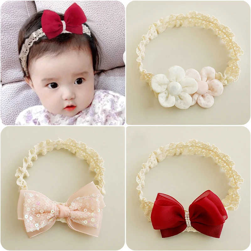  2/3PC Red Bow Headband For Baby Lace Hairband Sweet Princess Girl Flower Headwear Newborn Photo Props Kids Hair Accessories