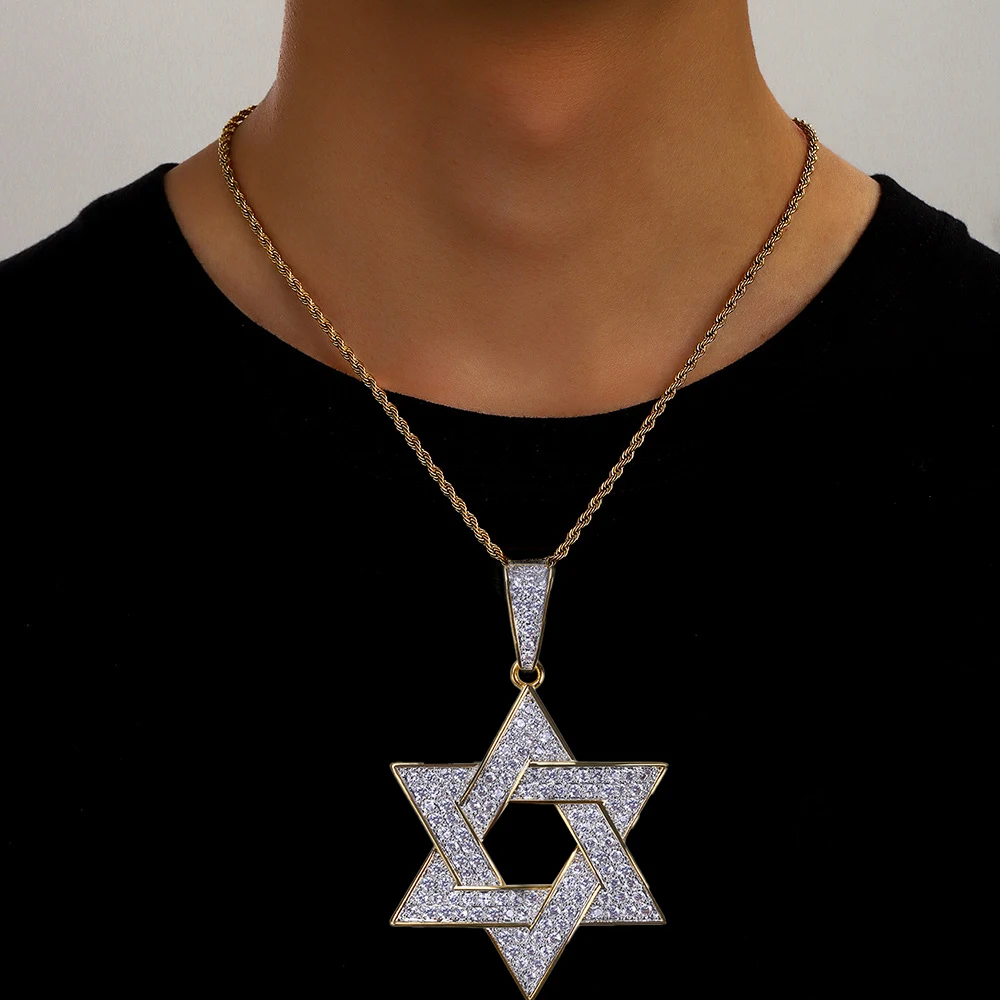 أزياء الذهب اللون مطلي مثلج خارج المجوهرات قلادة مايكرو تمهيد الزركون حجر نجمة داود قلادة قلادة الهيب هوب روك للرجال