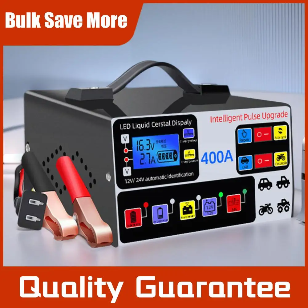 

Зарядное устройство для автомобильных аккумуляторов 400А, 12В/24В, интеллектуальное импульсное восстанавливающее зарядное устройство, полностью автоматическое, с функцией самовыключения