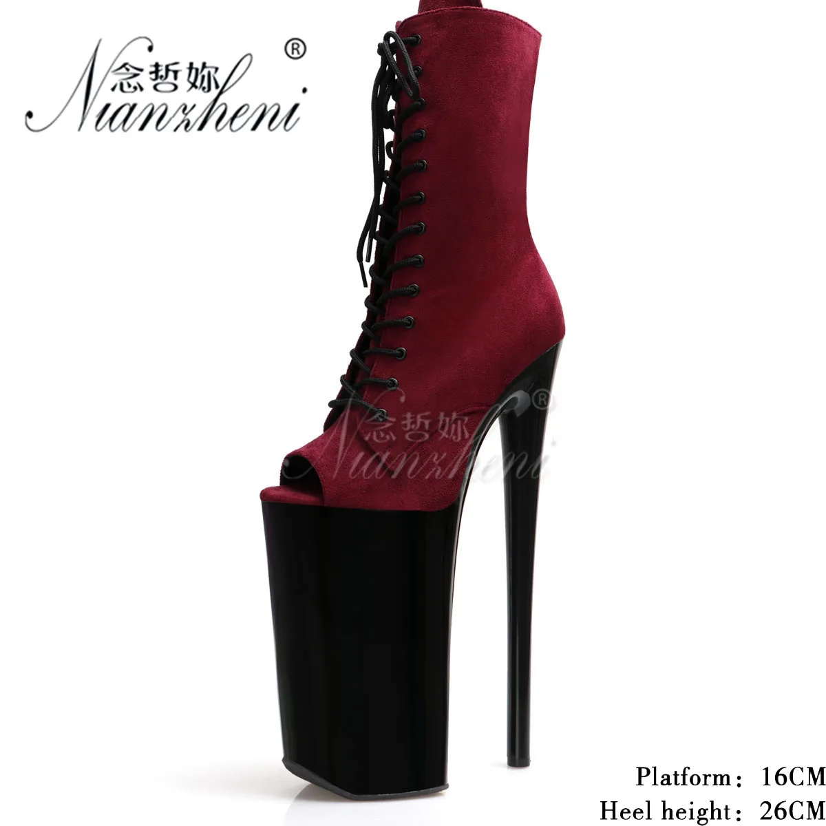 Thin Heels 10Inches Flock Platform Boots Peep Toe Stripper Heels Pole Dance Sexy Fetish Shoes Exotic Dancer Gothic 26cm Cross