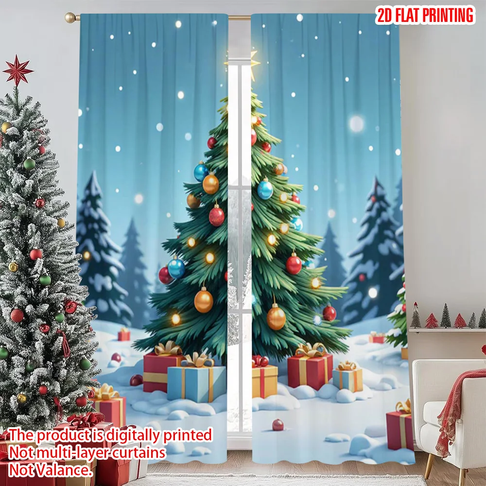 

2pcs 2D flat printing Merry Christmas Popular Drapes Snow and Christmas trees 100% Polyester Without Electricity Birthday Party